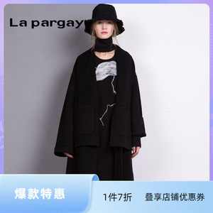 Lapargay纳帕佳2023秋冬新款女装黑色休闲中长款毛呢大衣外套风衣