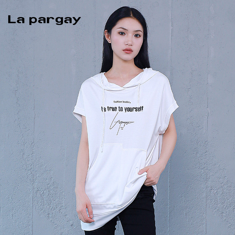 La pargay纳帕佳连帽字母印花短袖T恤女夏宽松显瘦白色休闲上衣