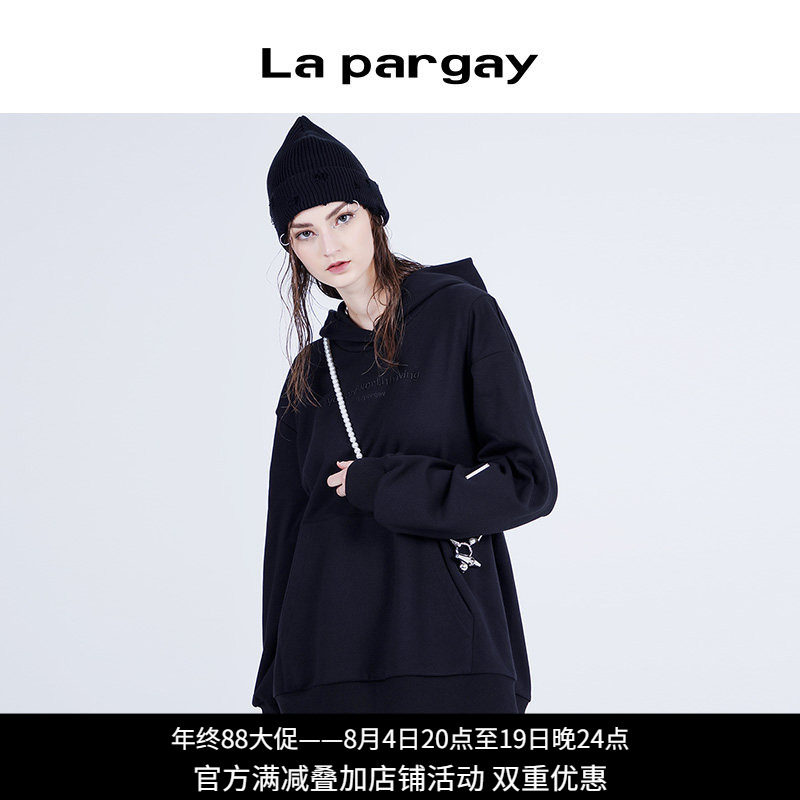 纳帕佳黑色连帽宽松长款卫衣女