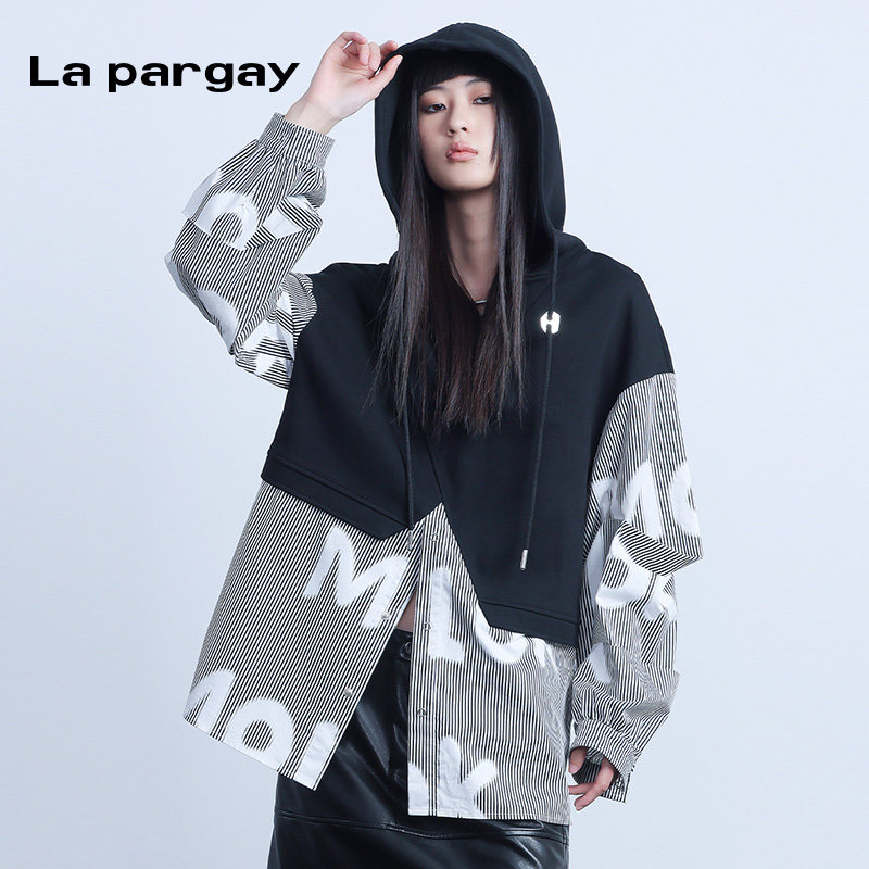 La pargay纳帕佳撞色连帽短外套女宽松百搭美式复古涂鸦印花卫衣