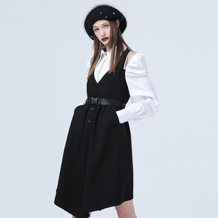 La pargay老钱风V领收腰背心连衣裙女黑色长袖衬衫气质长裙叠穿