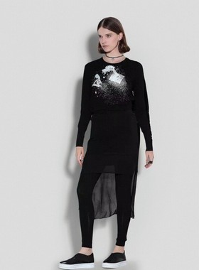 纳帕佳新款欧美时尚抽象胶印黑色圆领长袖T恤女上衣专柜正品