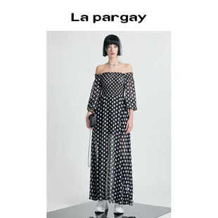 一字肩长袖 花色裙子休闲薄款 连衣裙 女装 Lapargay纳帕佳2024夏新款