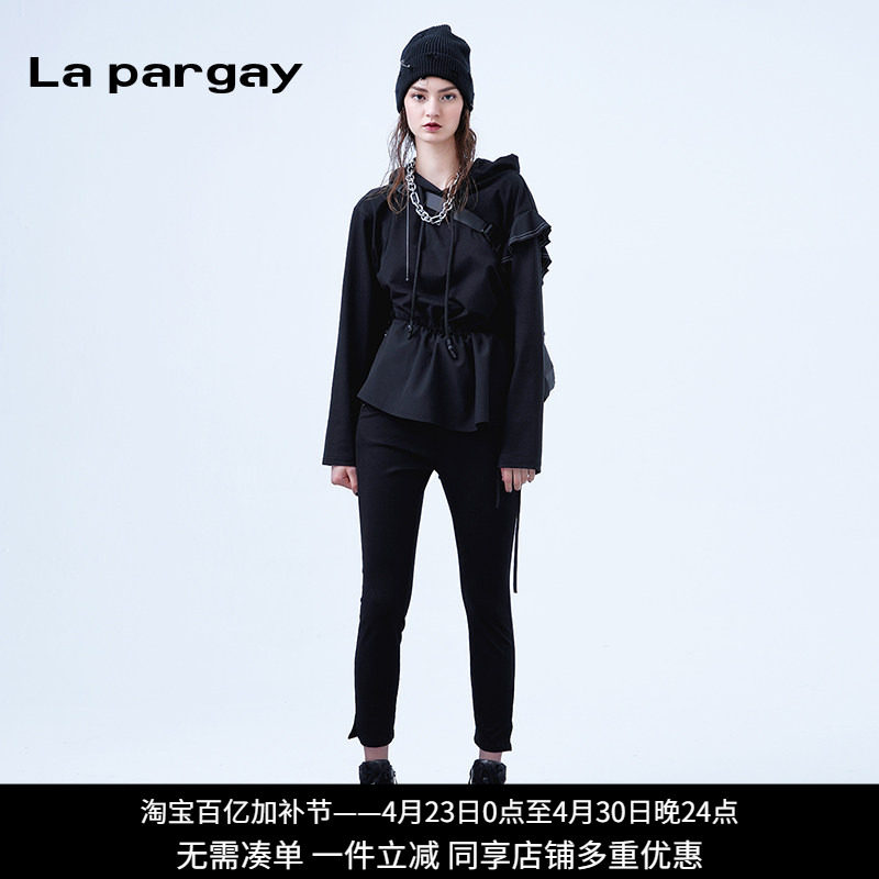 纳帕佳荷叶边装饰连帽套头卫衣2024春夏新款女式黑白色不规则上衣