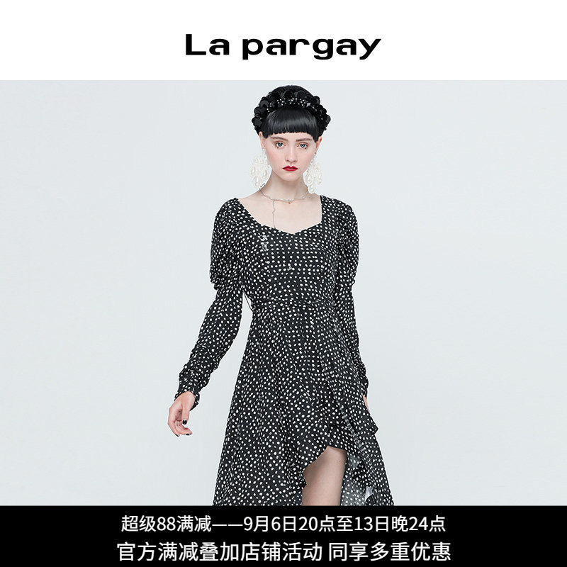 纳帕佳法式波点收腰开叉连衣裙