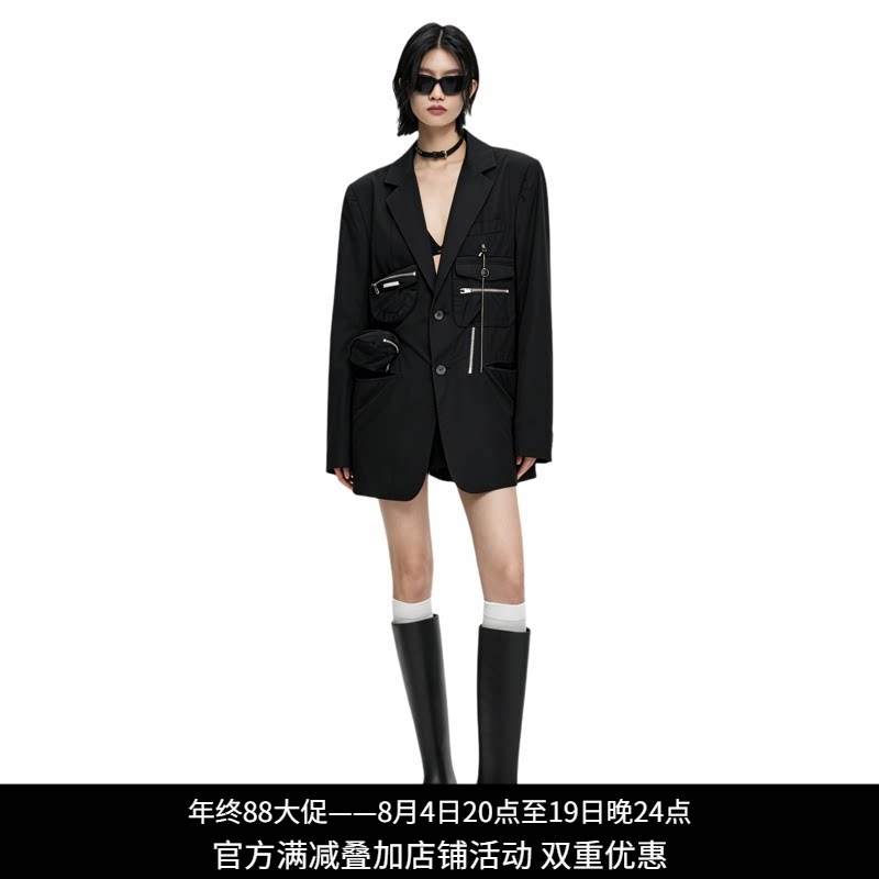 纳帕佳女黑色多口袋工装拉链西装