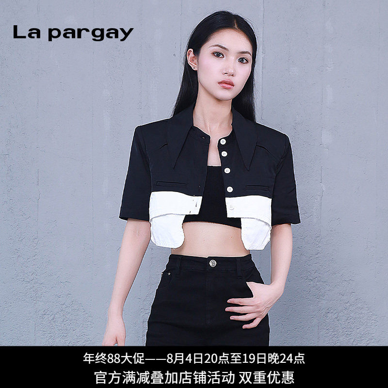 纳帕佳黑色撞色拼接短袖夹克女
