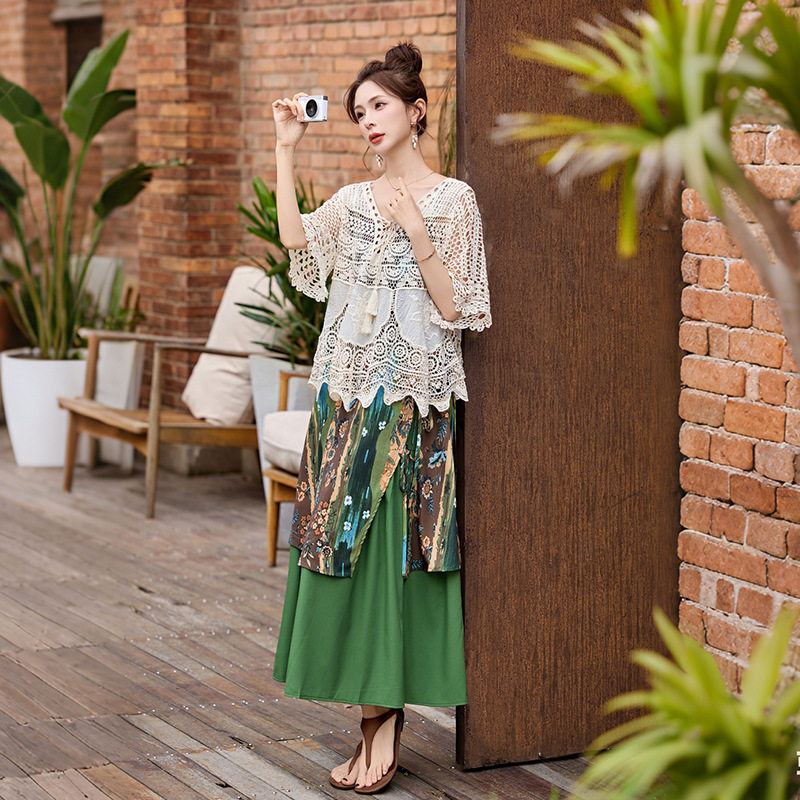 镂空蕾丝罩衫吊带连衣裙两件套女夏2026新款波西米亚度假套装裙子