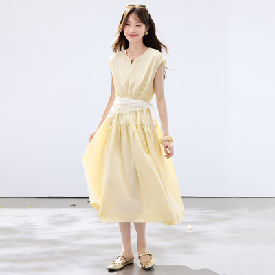 2026夏季新款气质短袖连衣裙a字裙显瘦长裙女 配蕾丝披肩 JY2626