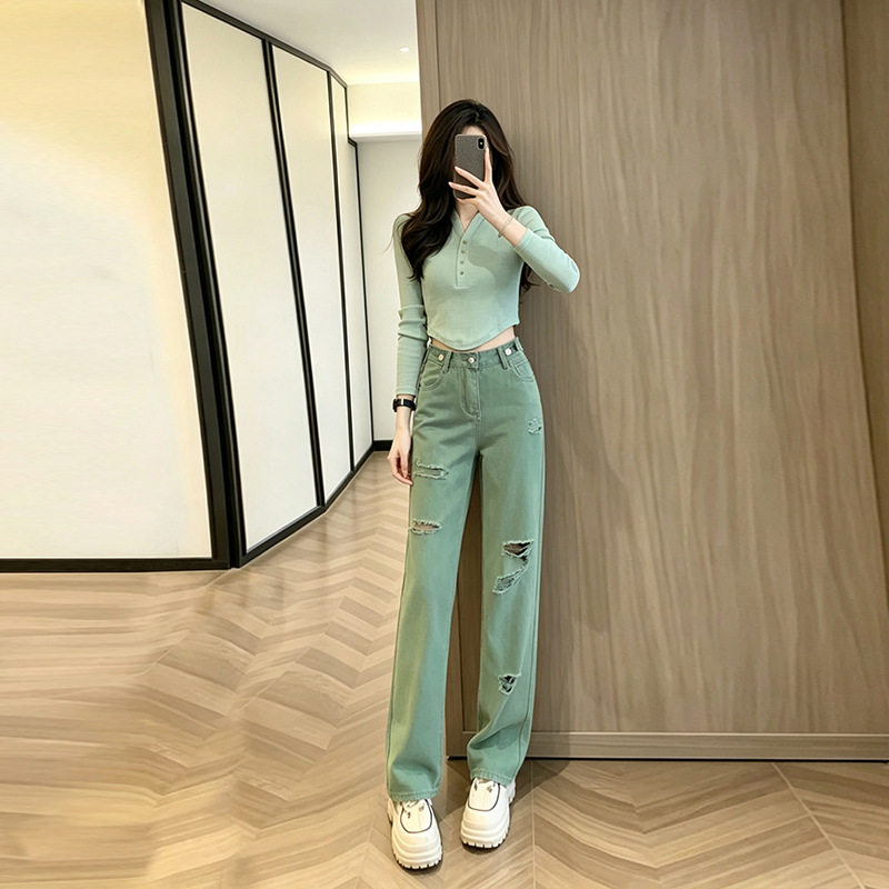 秋冬新款时尚休闲多巴胺减龄套装女显瘦打底T恤高腰牛仔长裤潮女
