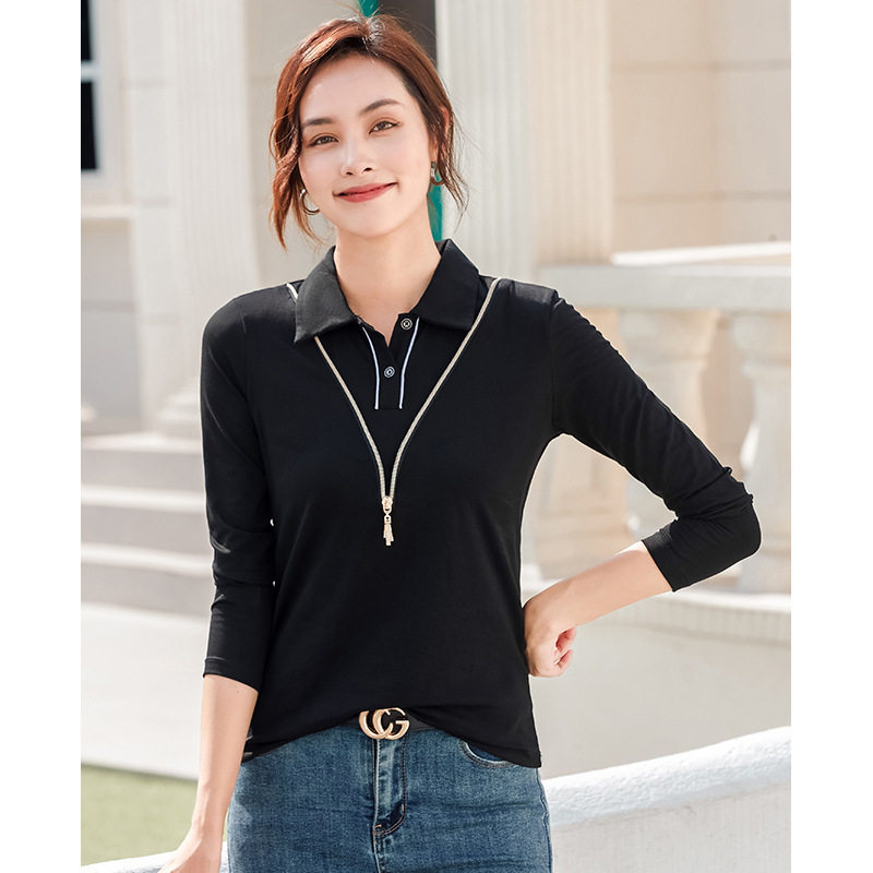 拉链长袖T恤女气质翻领纯色早秋棉质女士韩版修身上衣打底衫113-1