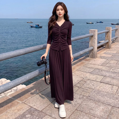 轻熟风紫色长袖上衣长裙套装女装高级感气质休闲垂感半身裙两件套