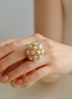 复古时髦精| 优雅满天星花束戒指手工串接施家珍珠夸张均码大指环