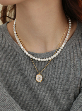 天然白蝶贝壳镶钻镀18K金锁骨链手工镶嵌项链叠戴优雅配饰