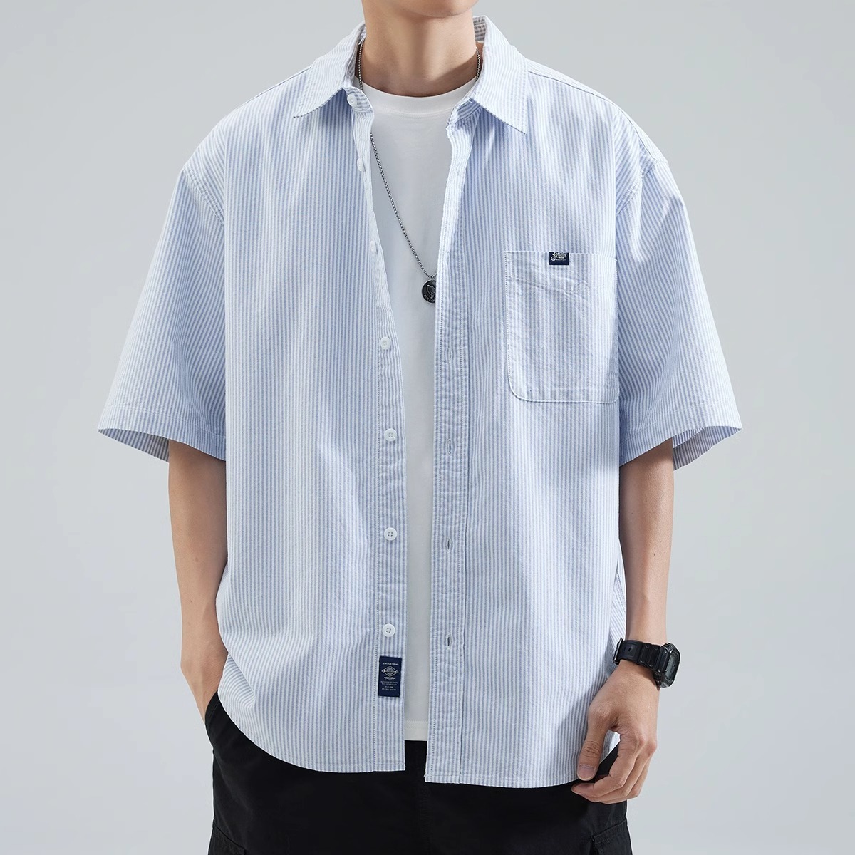 夏季男士短袖条纹衬衫宽松休闲大码衬衣胖哥大肚腩上衣绣花外套男