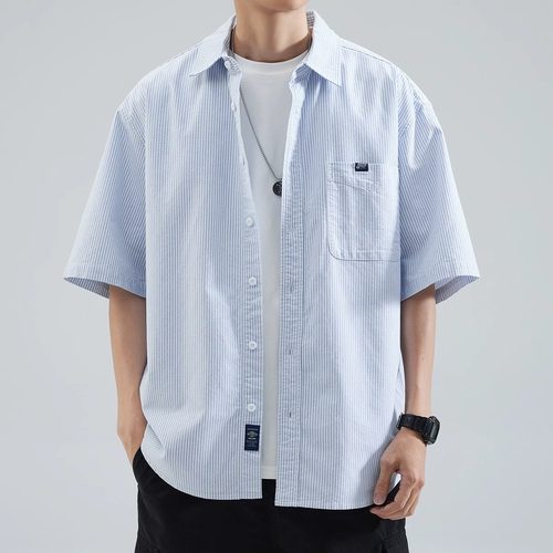 夏季男士短袖条纹衬衫宽松休闲大码衬衣胖哥大肚腩上衣绣花外套男