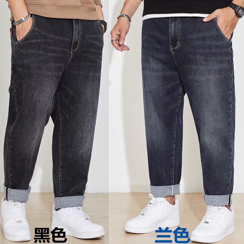 弹力牛仔裤男春夏加肥加大码运动裤宽松胖子肥佬工作耐磨长裤子棉