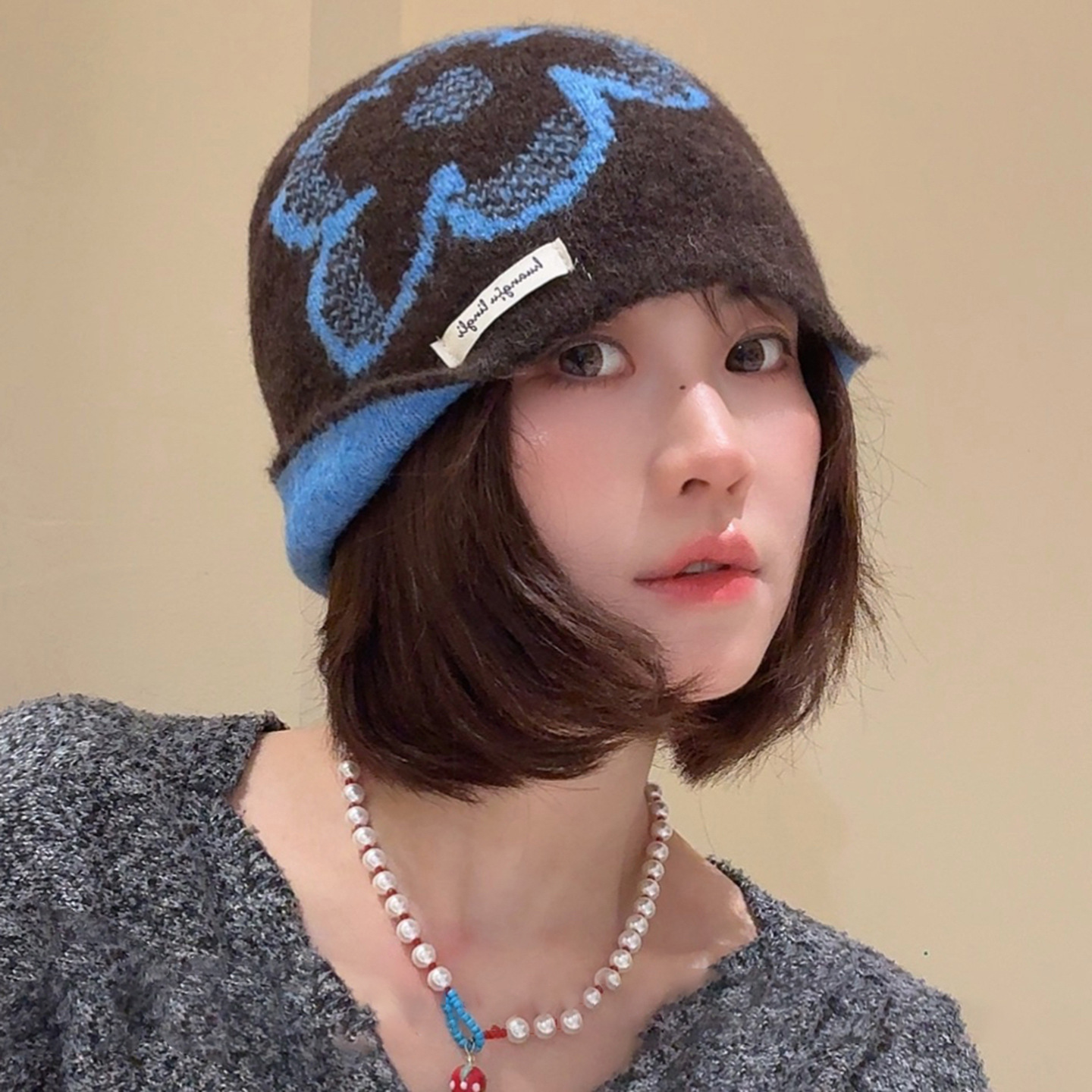 韩版花朵针织保暖毛线帽