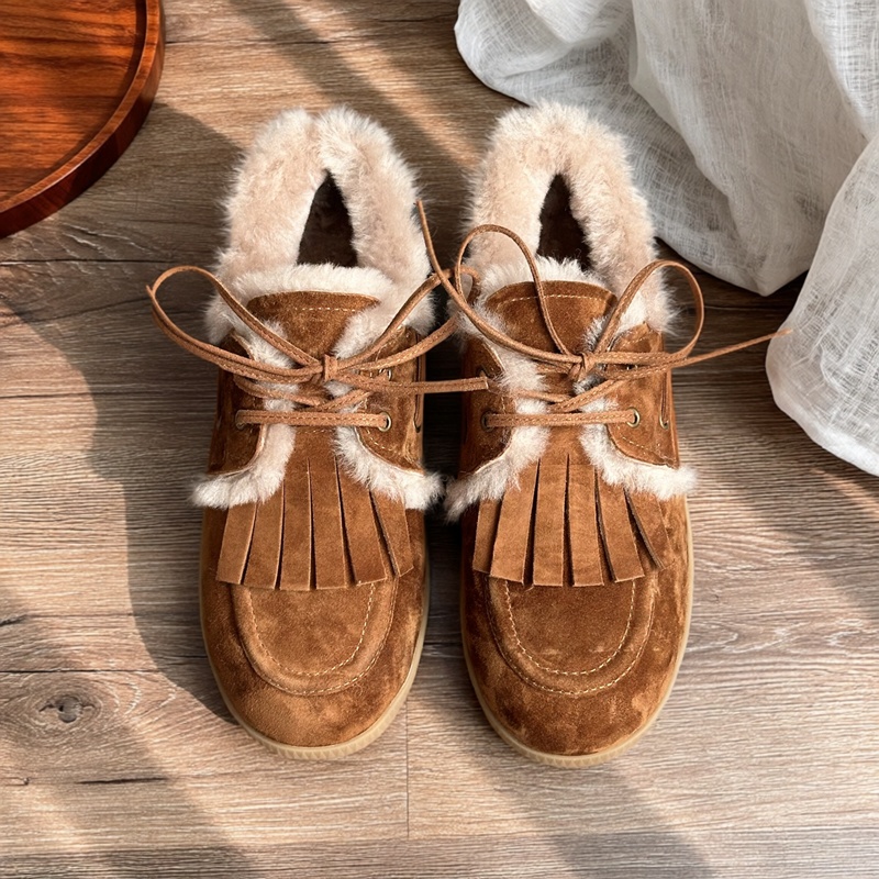 复古反绒皮流苏毛绒棉鞋