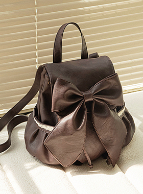 HIATUS复古vintage棕色系带蝴蝶结双肩包简约轻便文艺休闲小背包