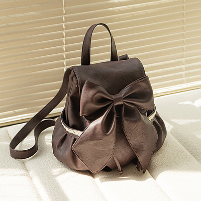 HIATUS复古vintage棕色系带蝴蝶结双肩包简约轻便文艺休闲小背包