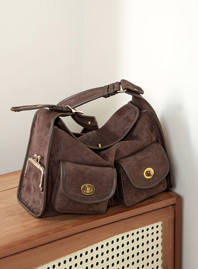 HIATUS中古鎏金锁扣多口袋单肩枕头包复古文艺休闲宽肩带通勤大包