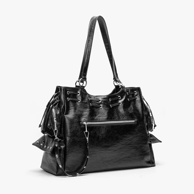 HIATUS韩版休闲柔软抽带大容量单肩斜挎机车托特包铆钉通勤大包