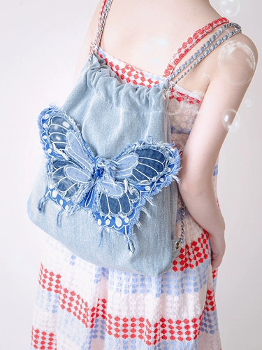 Оригинальная дизайнерская джинсовая цепь с бантиком, джинсовый рюкзак, с вышивкой