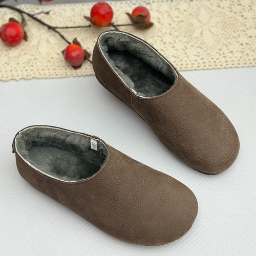 纯羊毛保暖棉鞋女真皮一脚蹬冬季勃肯鞋圆头平底加厚毛绒奶奶鞋