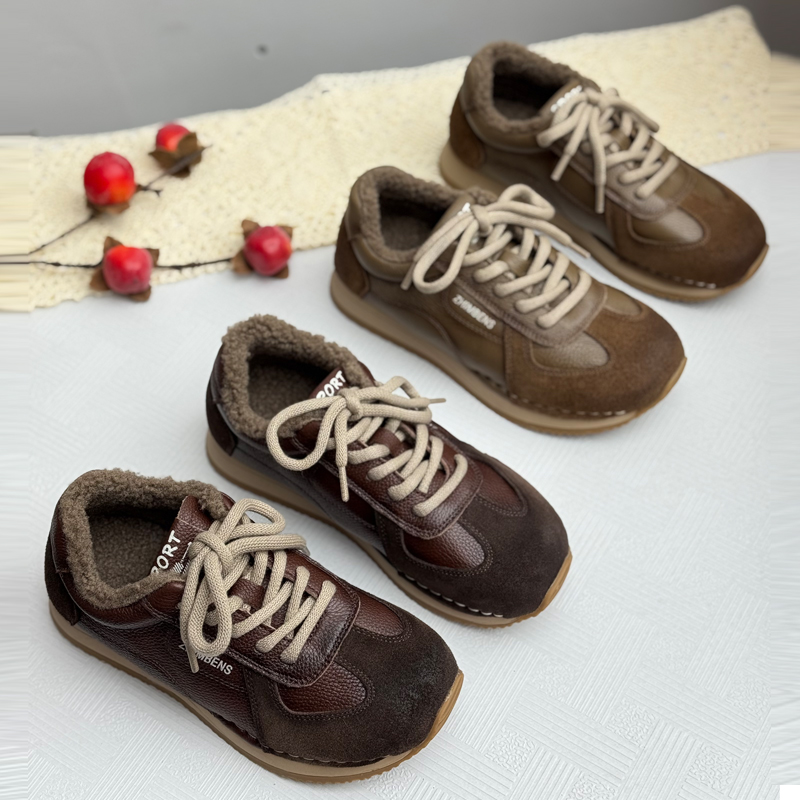 真皮复古德训鞋女冬季加绒加厚保暖阿甘鞋系带休闲运动鞋二棉鞋