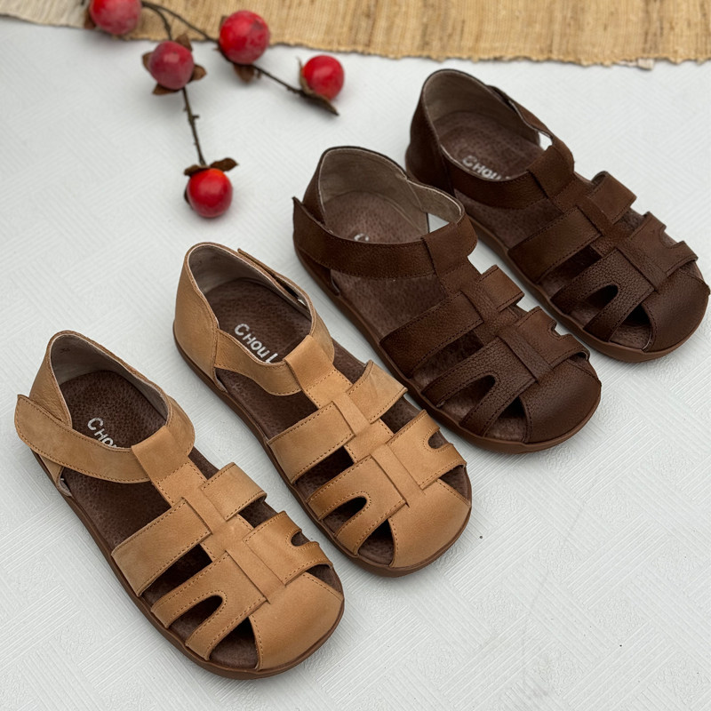 手工真皮复古罗马凉鞋2025新款包头凉拖镂空妈妈凉鞋夏季牛皮女鞋,女鞋,罗马凉鞋,淘宝优惠券,粉丝福利购,淘宝优惠卷