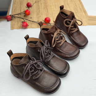手工真皮复古短靴女秋冬新款女鞋舒适中老年鞋子头层牛皮马丁靴