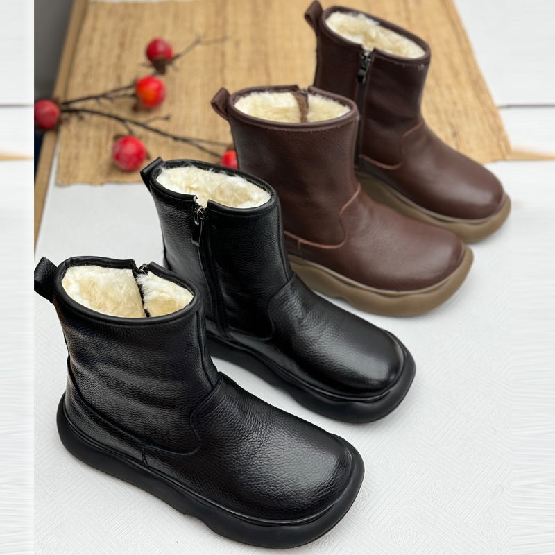 手工真皮复古加绒马丁靴女冬新款雪地靴加绒加厚保暖棉鞋厚底短筒
