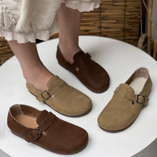 牛筋软底博肯单鞋 真皮复古勃肯鞋 森系圆头豆豆鞋 新款 女2022秋季