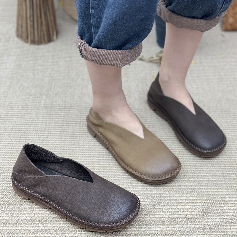 手工真皮一脚蹬女鞋复古中老年春秋新款平底鞋子单鞋牛皮休闲鞋,女鞋,浅口单鞋,淘宝优惠券,粉丝福利购,淘宝优惠卷