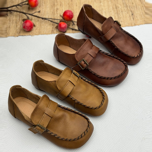 手工真皮复古乐福鞋女春秋新款一脚蹬单鞋舒适软底中老年休闲鞋子