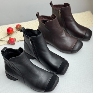 丑乐头层牛皮马丁靴女2025冬季 休闲风真皮加绒加厚保暖短靴 新款