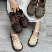 女2023新款 真皮编织包头平底休闲洞洞鞋 夏季 法式 厚底 时尚 罗马凉鞋