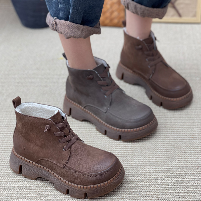 手工真皮短靴女加绒复古休闲女靴厚底短筒靴牛皮马丁靴妈妈棉鞋,女鞋,马丁靴,淘宝优惠券,粉丝福利购,淘宝优惠卷