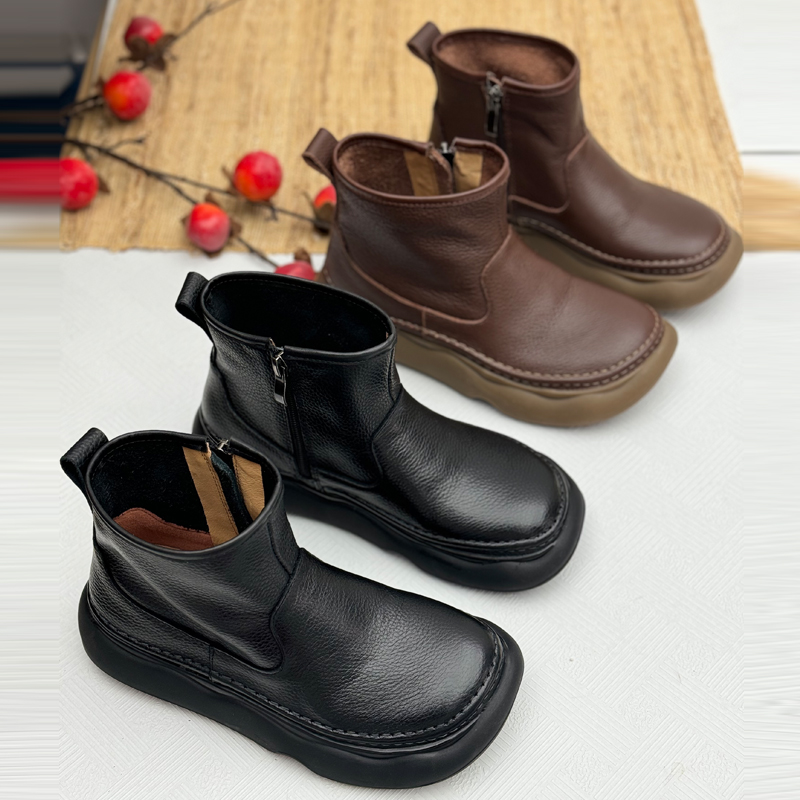 手工真皮马丁靴女秋冬复古休闲鞋厚底增高短靴侧拉链中老年女鞋子