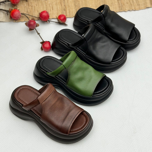 手工真皮厚底复古妈妈凉鞋2025新款增高拖鞋夏季女鞋中老年小个子