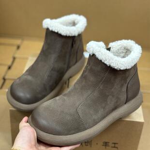 真皮短靴女加绒加厚复古休闲冬季女鞋保暖平底牛皮雪地靴切尔西靴