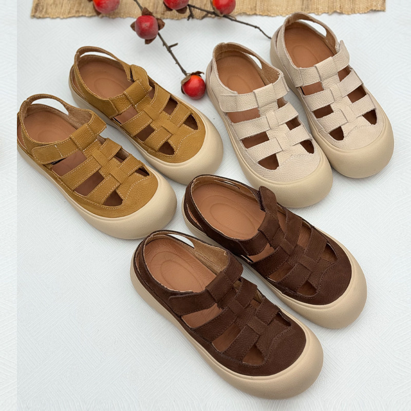 手工真皮复古妈妈凉鞋2025年夏季新款洞洞鞋透气休闲中老年女鞋,女鞋,罗马凉鞋,淘宝优惠券,粉丝福利购,淘宝优惠卷