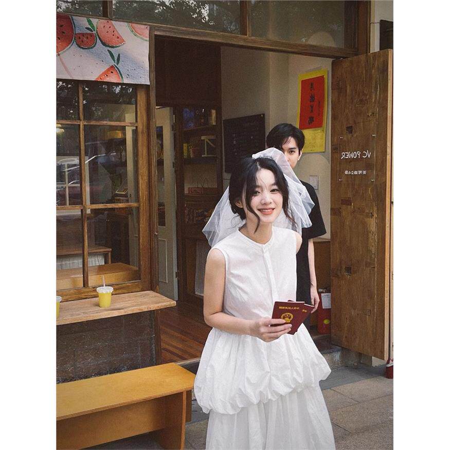 登记领证毕业典礼礼服高端轻奢小众轻婚纱小白裙子花苞无袖洋装