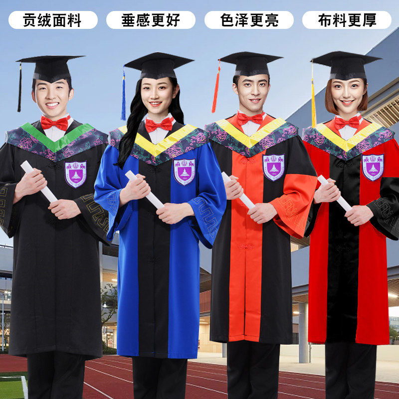 出租簪花贡绒学士服硕士服博士服毕业工科文科理科校徽租赁