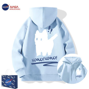 NASA联名雾霾蓝猫咪连帽卫衣男女春秋冬季新款潮流加绒青少年外套