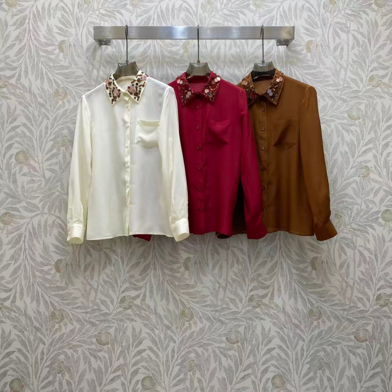 钉珠装饰翻领纯色宽松长袖真丝衬衫