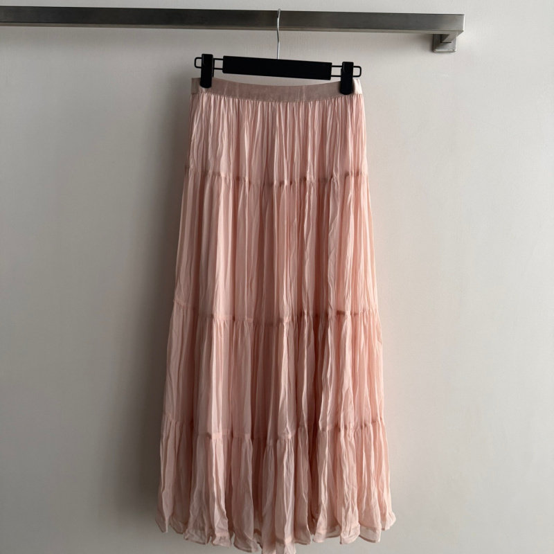 粉红色长款A字大裙摆压褶半身裙