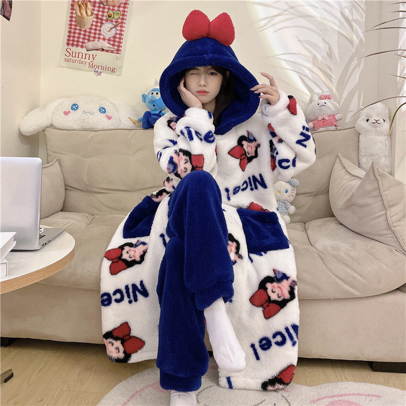 FLANGE PLUSH PAJAMAS WOMENS WINTER MIDI LENGTH THICKENED CORAL VELVET NIGHTDRESS HOODED PANDA CASUAL LOUNGEWEAR DRESSING GOWN