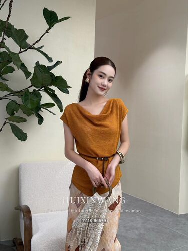 南油高端春夏女装细闪亮丝荡领无袖针织衫抽褶收腰不规则显瘦上衣